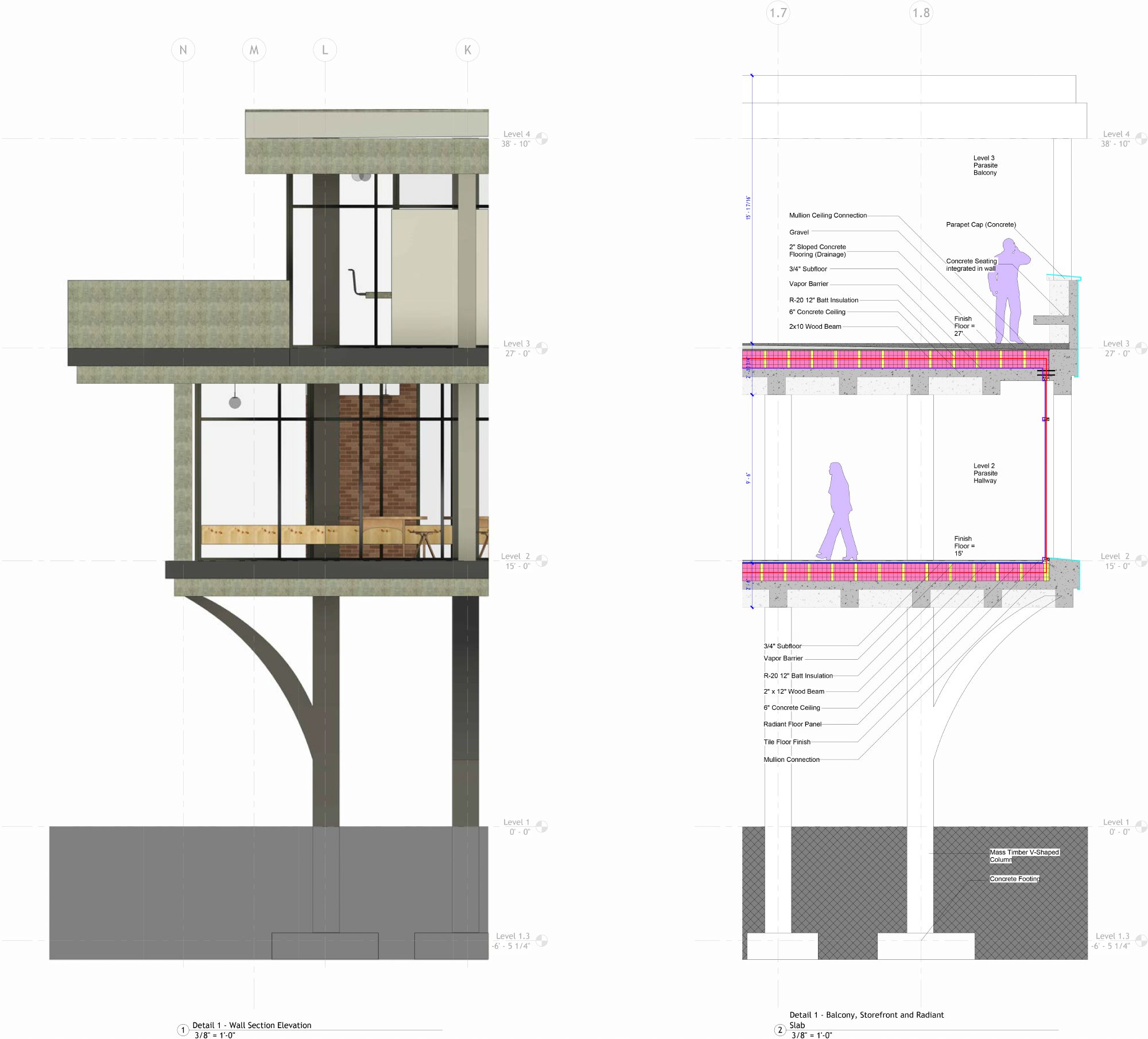 Rendered wall section drawing through the parasitic balcony at Renne Library.